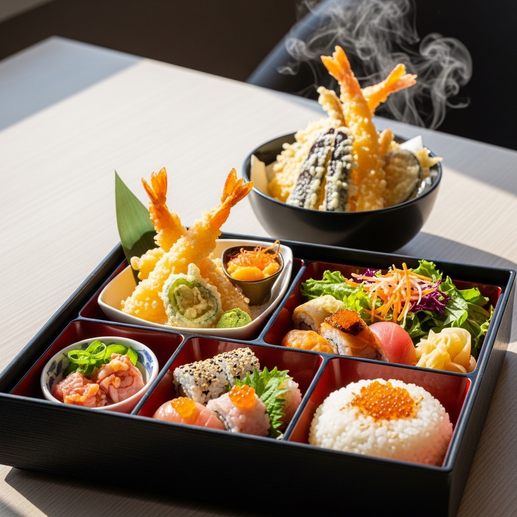 Bento boxes, tempura appetizers, and donburi rice bowls showcasing menu variety