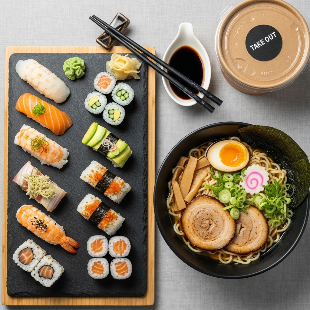 Dine-in restaurant atmosphere and dining options at Kanji Sushi & Ramen