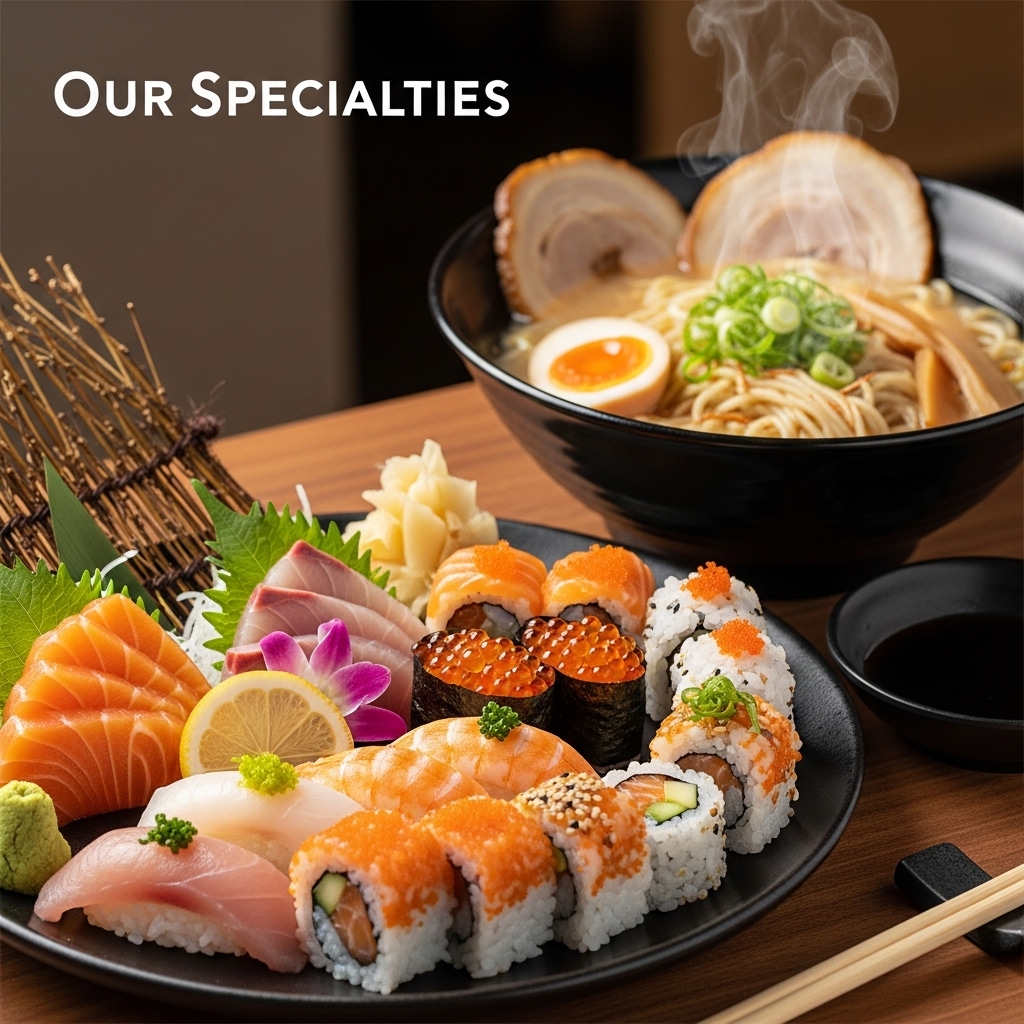 Kanji Sushi & Ramen specialty dishes including fresh sashimi, hand-crafted sushi rolls, and signature ramen